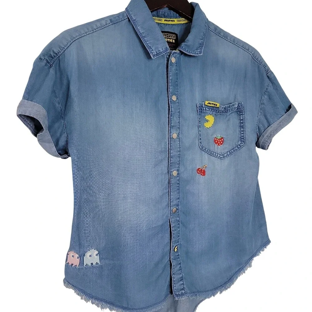 Justice Girls Pac-Man Ghost Gang Chambray Button Up Shirt Sx 12 14 L Embroidered